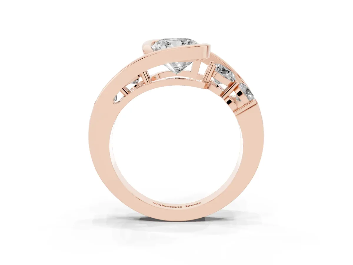 Bezel Set Cushion Cut Diamond Bypass Ring with Round Accents Rose gold
