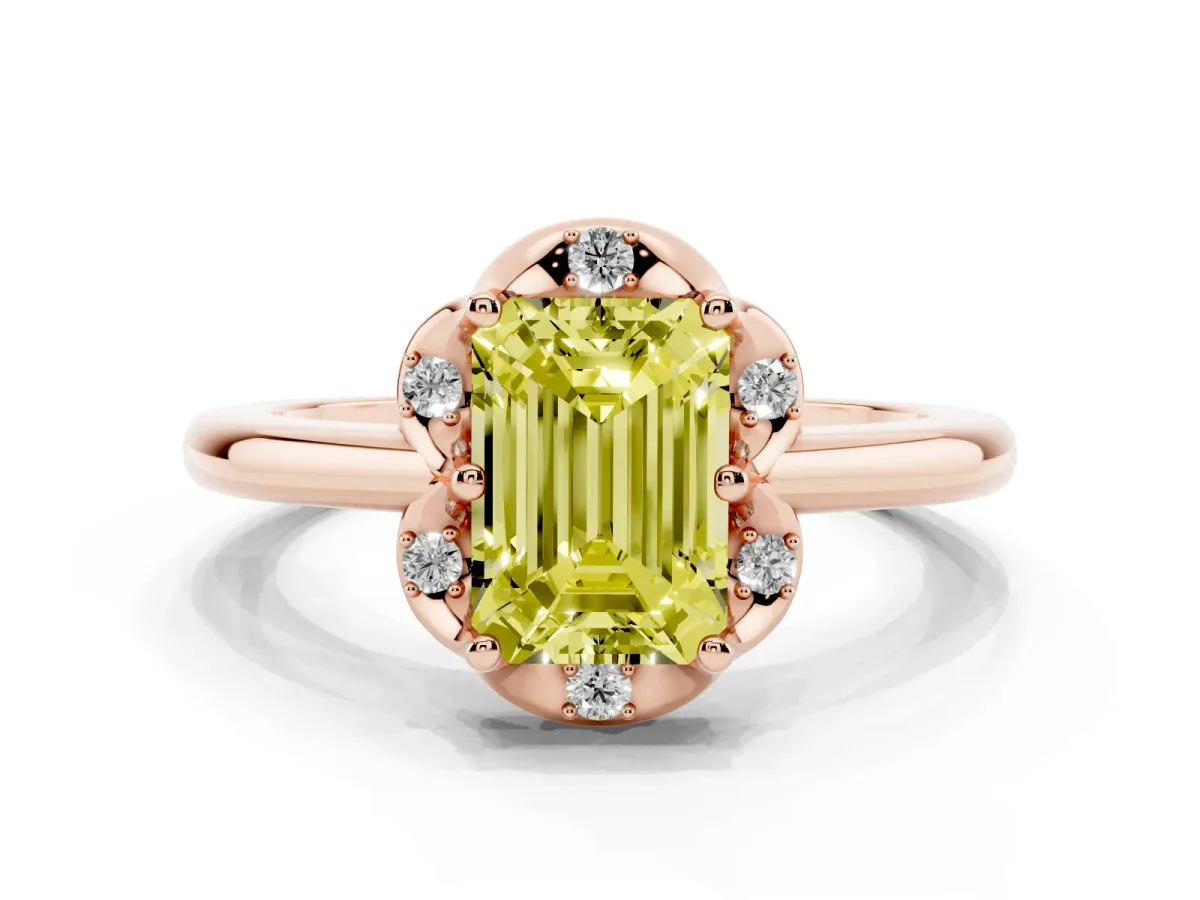 Fancy Yellow Emerald Cut Halo Diamond Ring with Round Cluster Setting, Solitaire Band, and Four-Prong Setting Rose gold