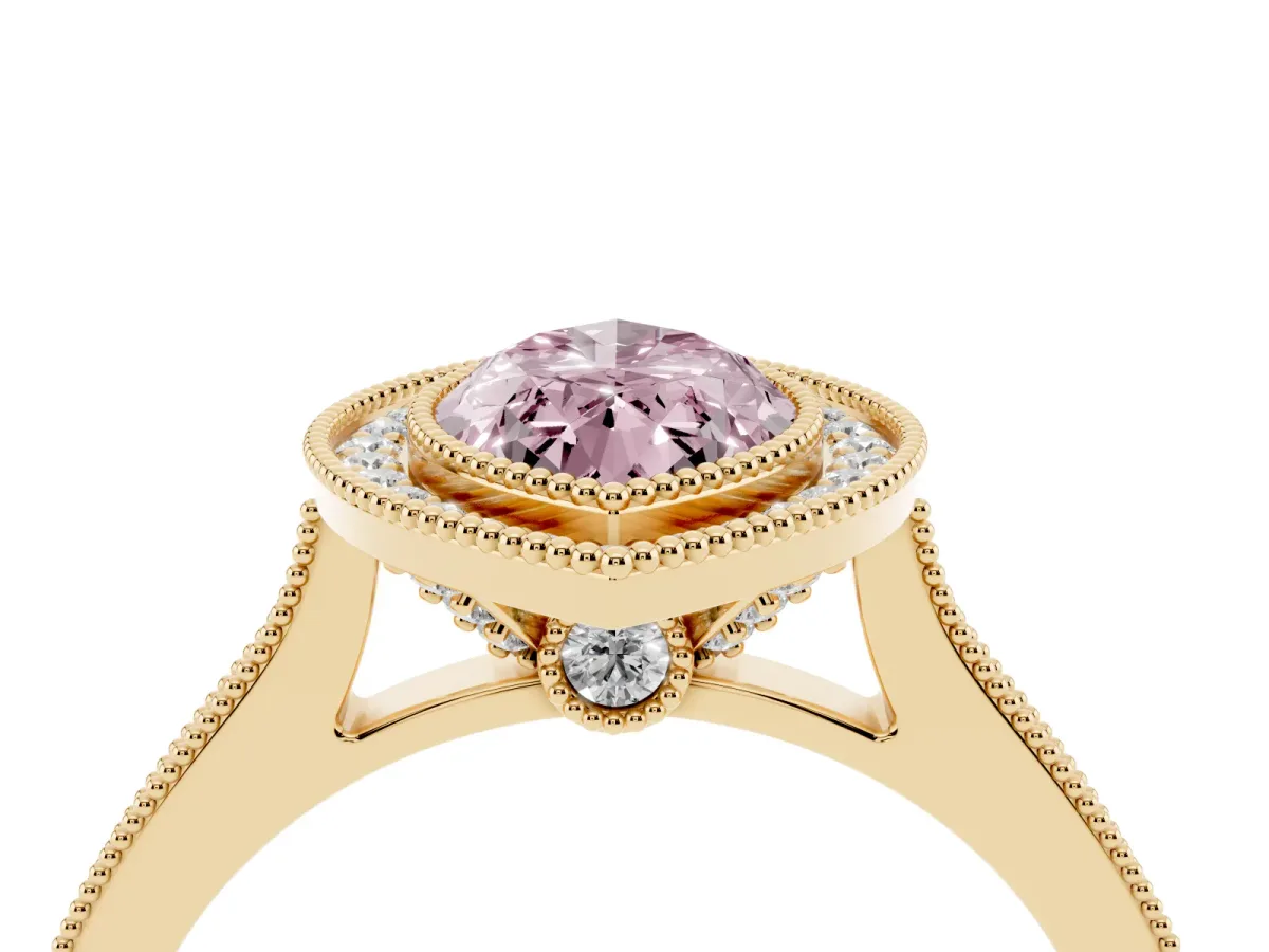 Fancy Pink Halo Marquise Cut-Cut Diamond Pave Band Milgrain Prong Setting Ring Yellow gold