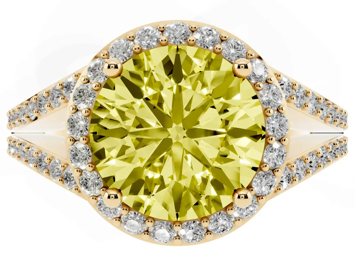 Fancy Yellow Round Cut Halo Split Shank Pave Diamond Ring with Four-Prong Setting Yellow gold