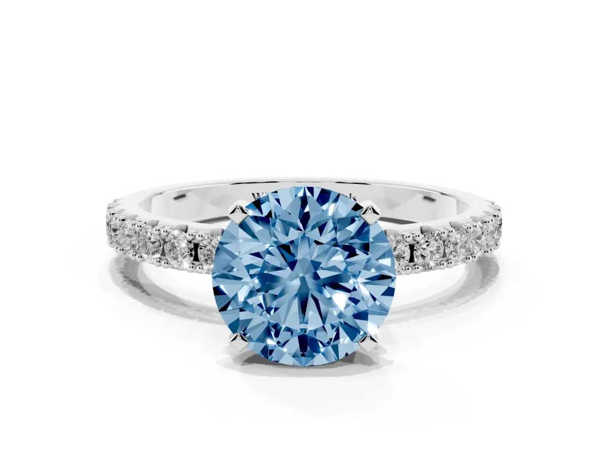 Fancy Blue Round Cut Diamond Solitaire Pavé Band with Four-Prong Setting Silver
