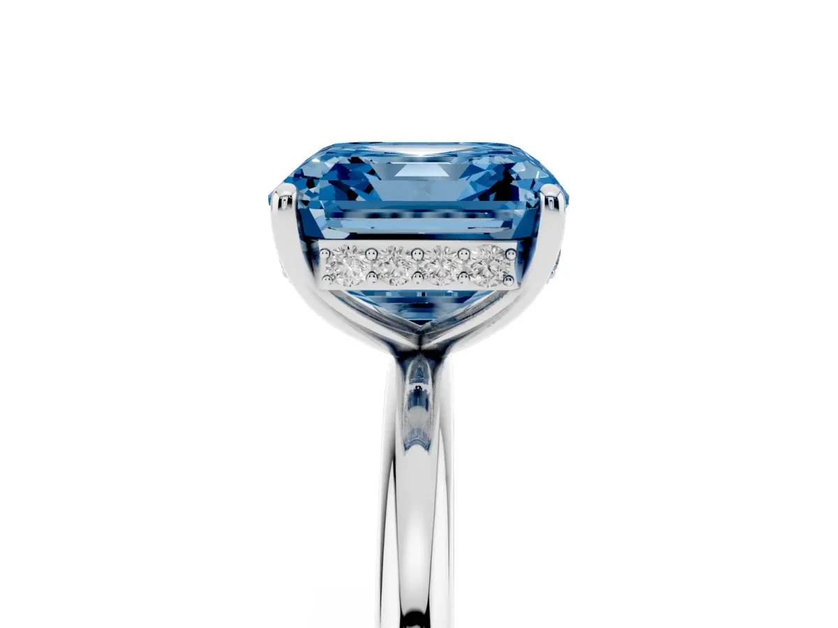 Fancy Blue Asscher Cut Solitaire Diamond Ring with a Classic Band and Four-Prong Setting Silver