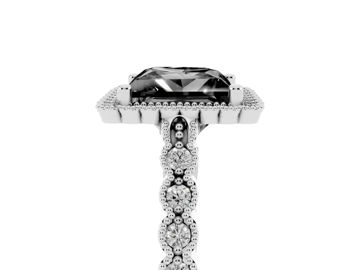 Fancy Black Princess Cut Cut Halo Pavé Solitaire Ring with Milgrain Band Silver