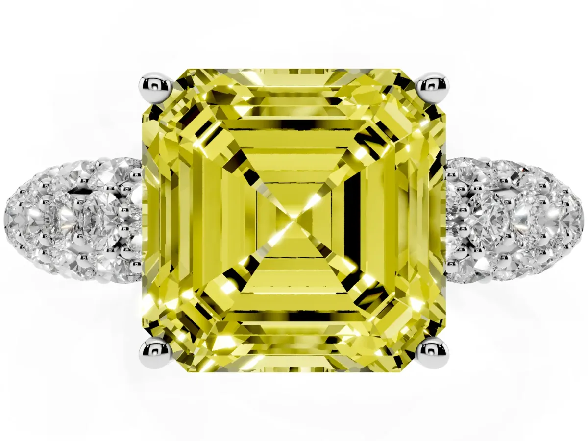 Fancy Yellow Asscher Cut Diamond Pavé Band Solitaire Ring with Four-Prong Setting Platinum