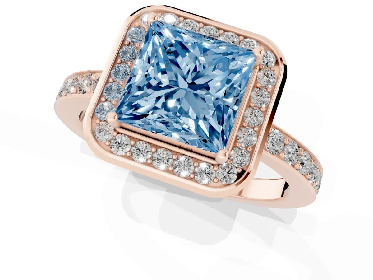Fancy Blue Princess Cut Diamond Halo Ring with Bezel Frame and Pavé Band Rose gold
