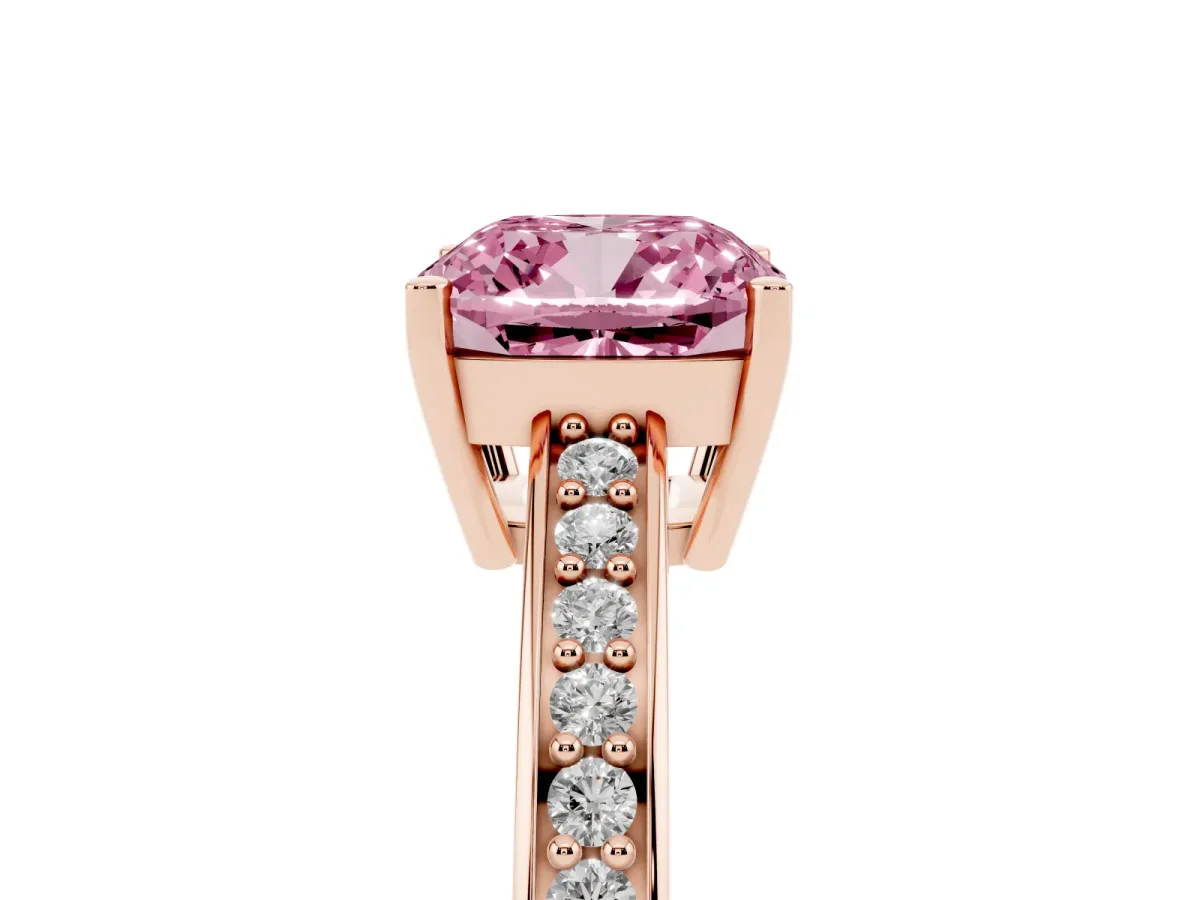 Fancy Pink Cushion Cut Solitaire Pavé Band Prong Setting Ring Rose gold