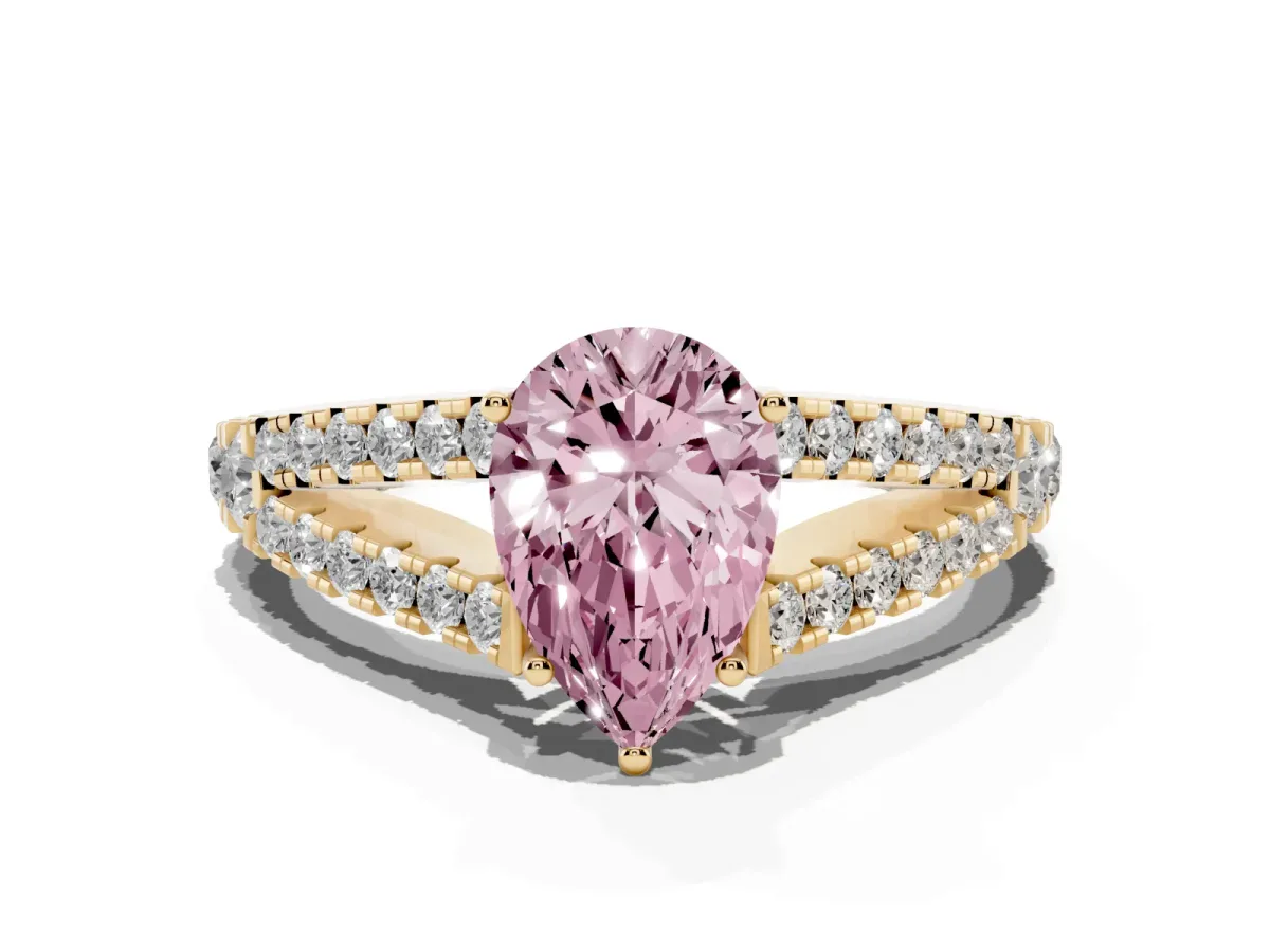Fancy Pink Pear Cut Diamond Split Shank Pavé Engagement Ring with Four-Prong Setting Yellow gold