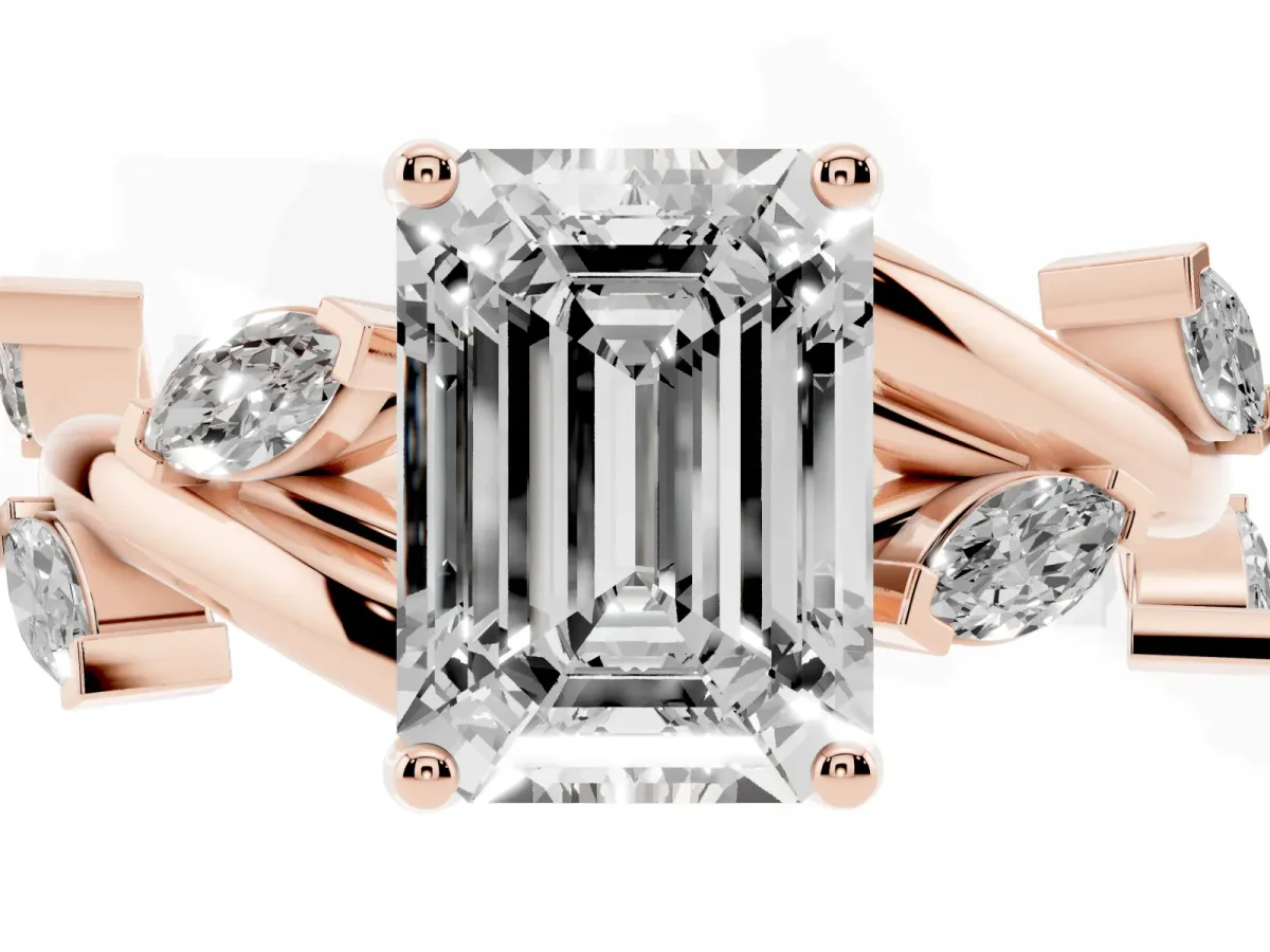 Emerald Cut Solitaire Twisted Band Marquise Accent Prong Setting Ring Rose gold
