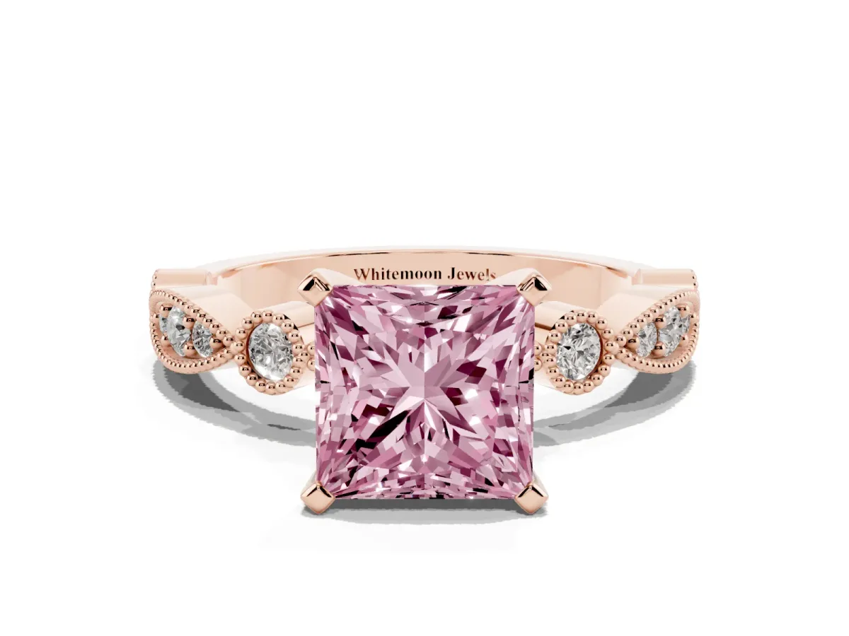 Fancy Pink Princess Cut Milgrain Bezel Diamond Engagement Ring with Solitaire Prong Setting Rose gold