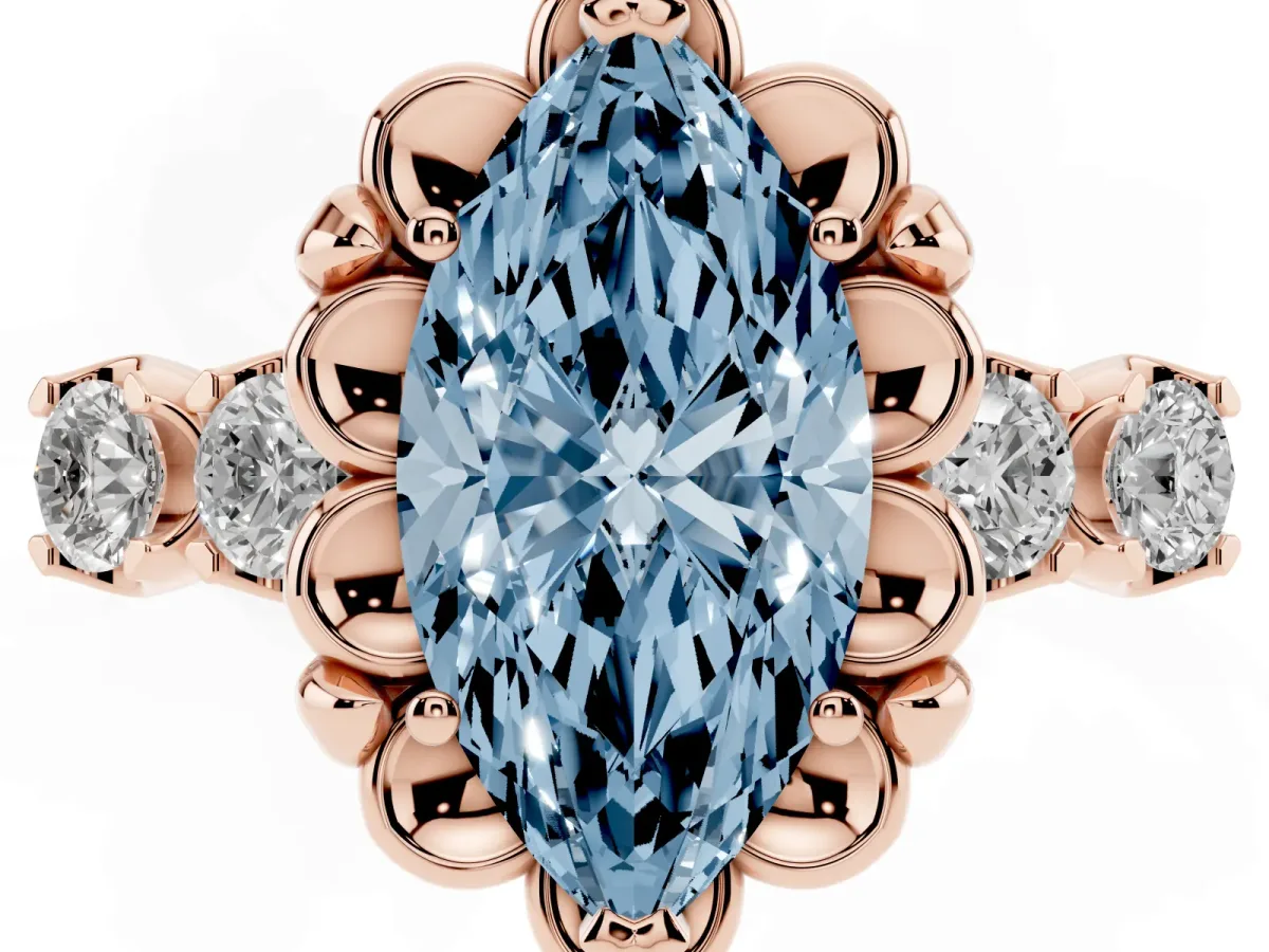 Fancy Blue Marquise Cut Cut Diamond Floral Halo Engagement Ring with Shared Prong Setting Rose gold