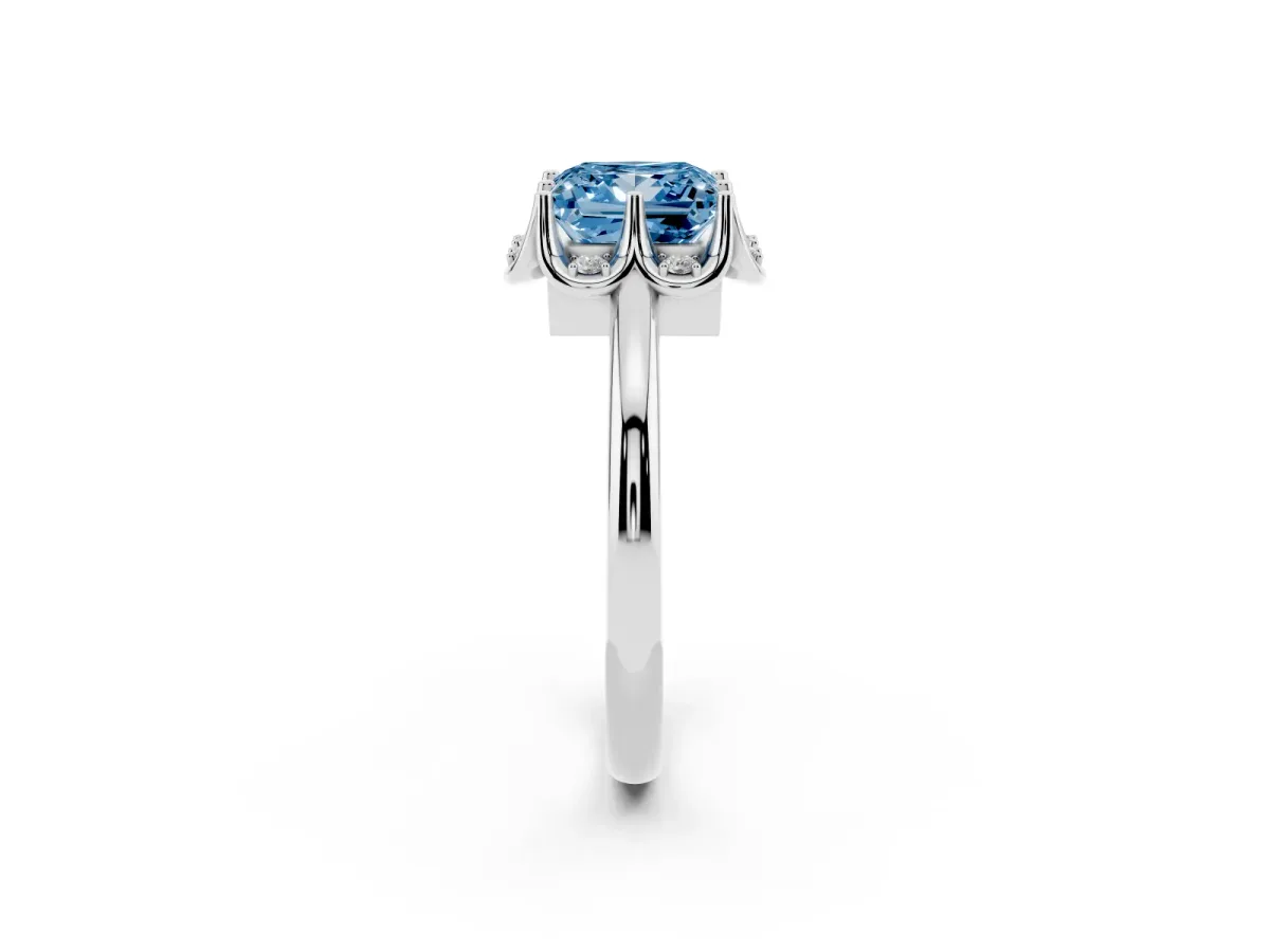 Fancy Blue Princess Cut Halo Diamond Ring with Round Cluster Setting, Solitaire Band, and Four-Prong Setting Silver