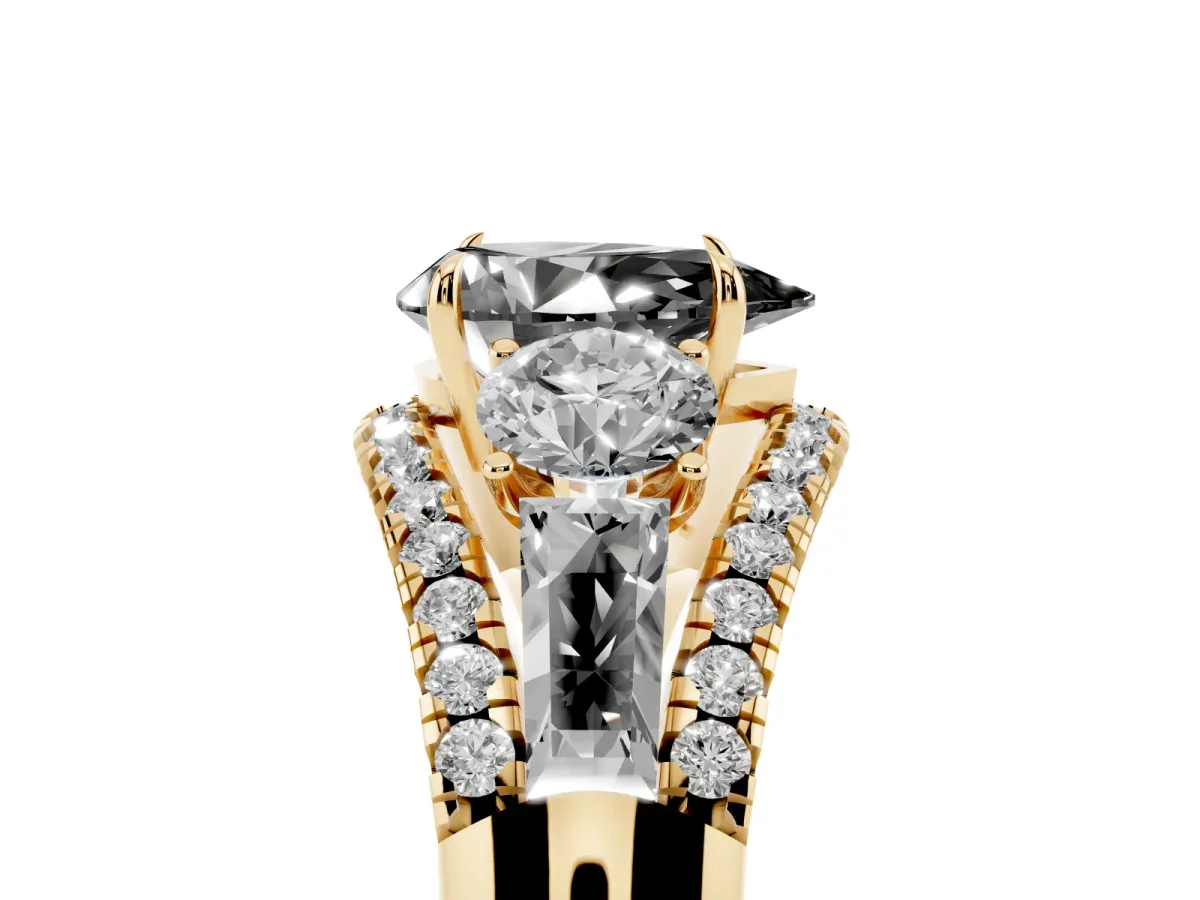 Fancy Black Three-Stone Pear Cut Diamond Engagement Ring with Pave Band and Prong Setting Yellow gold