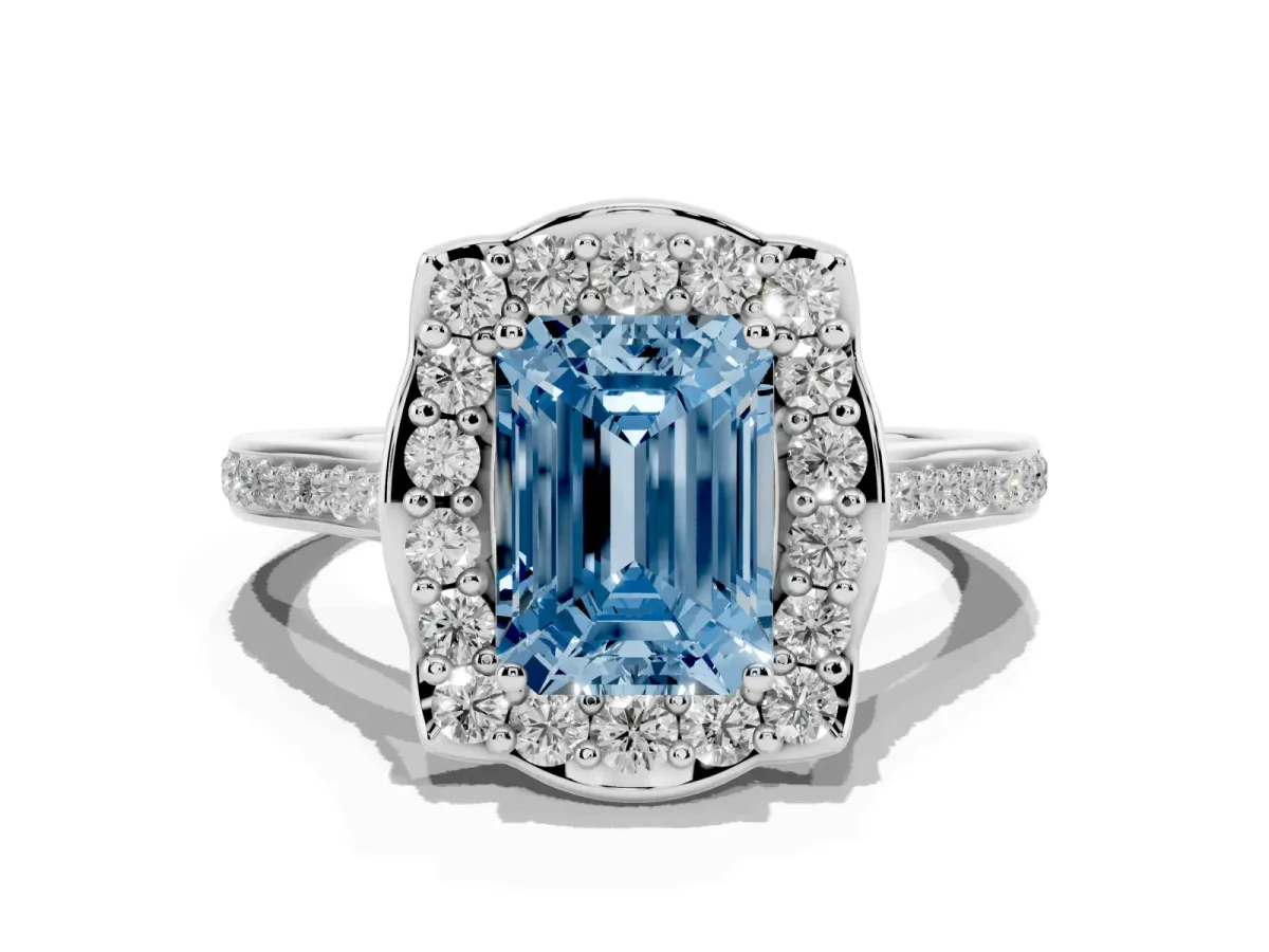 Fancy Blue Emerald Cut Halo Round Diamond Pave Band with Four-Prong Setting Silver