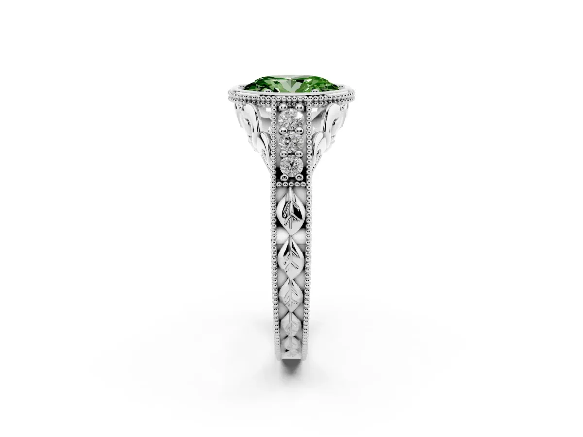 Fancy Green Bezel Set Oval Cut Diamond Milgrain Pave Engagement Ring Silver