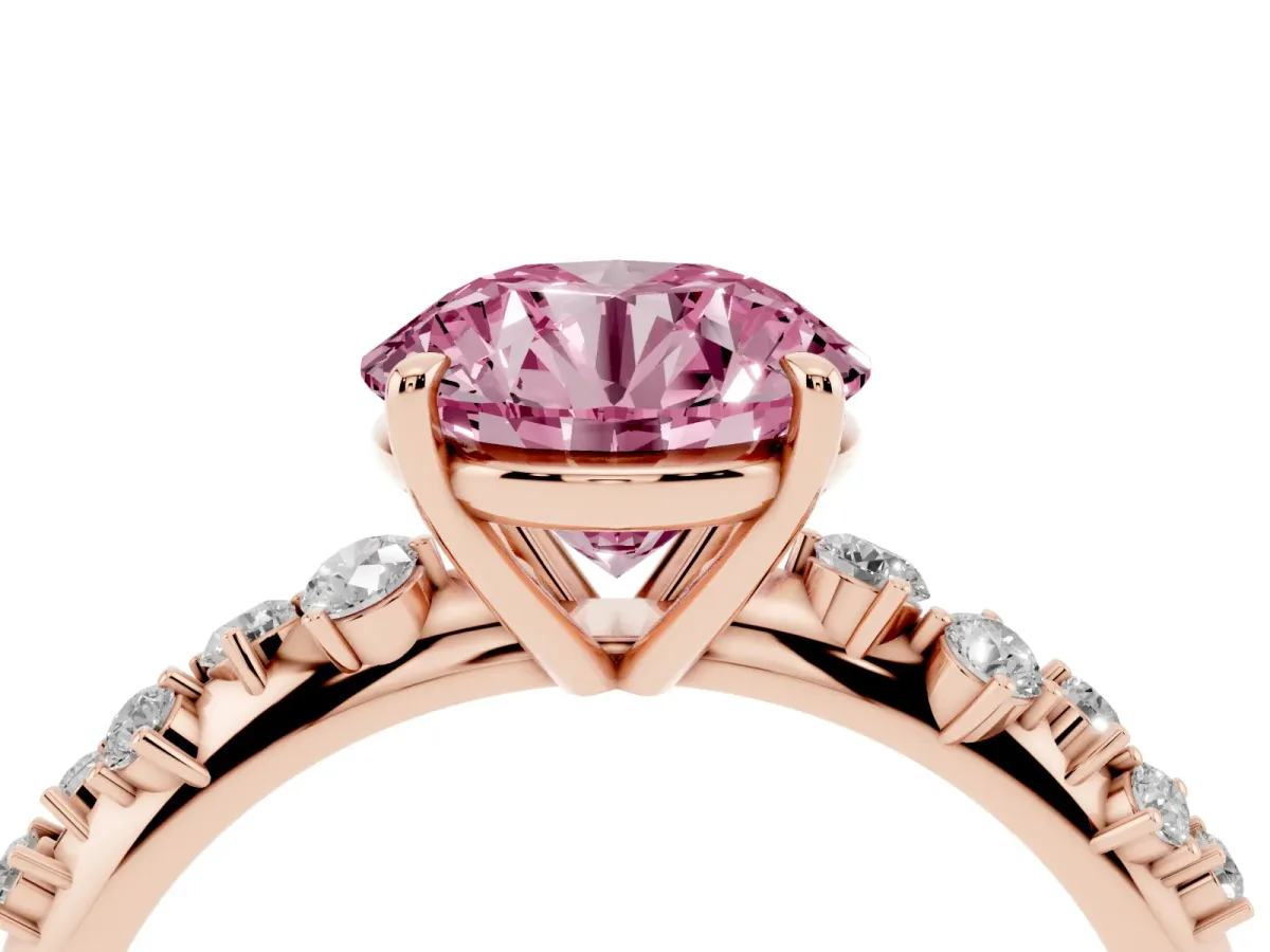 Fancy Pink Round Cut Diamond Cluster Side Stone Solitaire Ring with Prong Setting Rose gold
