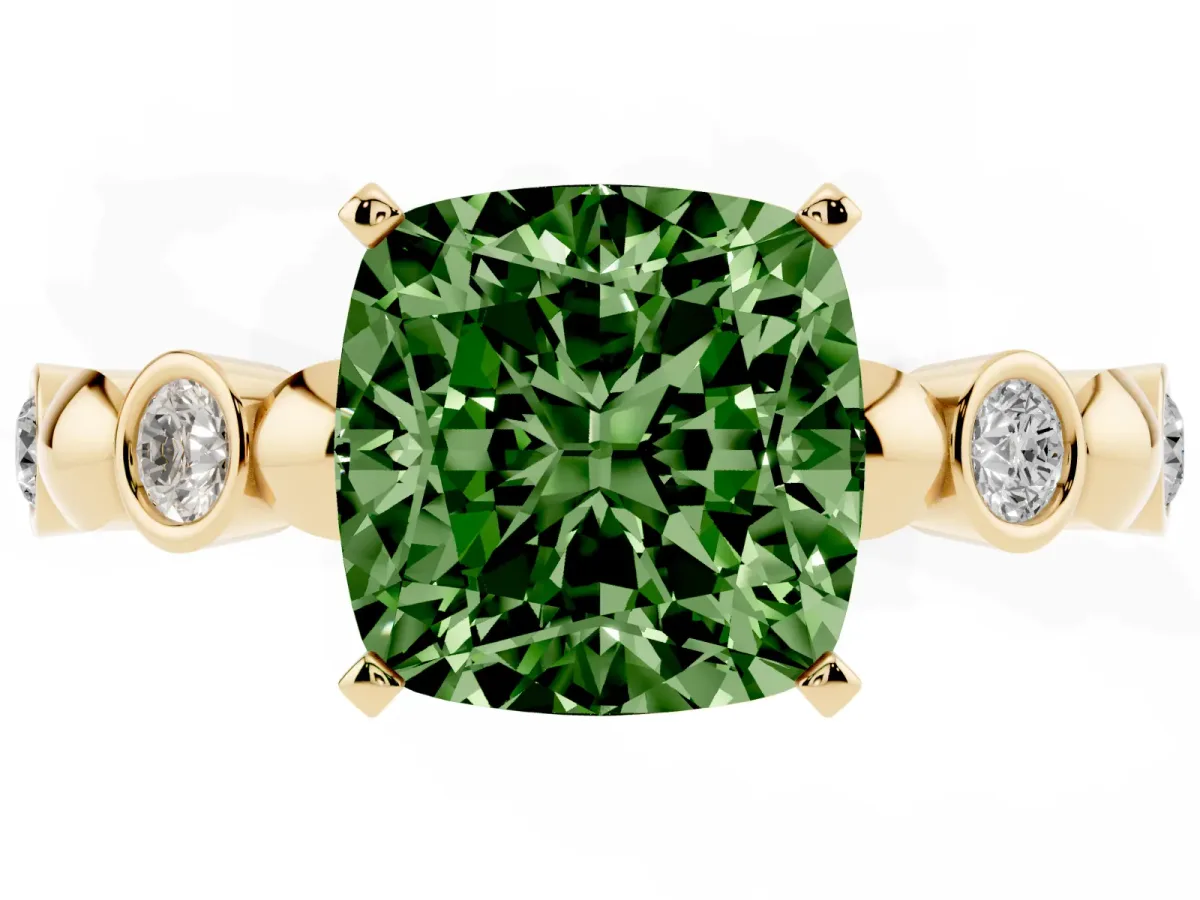 Fancy Green Cushion Cut Solitaire Bezel-Set Diamond Ring with Beaded Band and Four-Prong Setting Yellow gold
