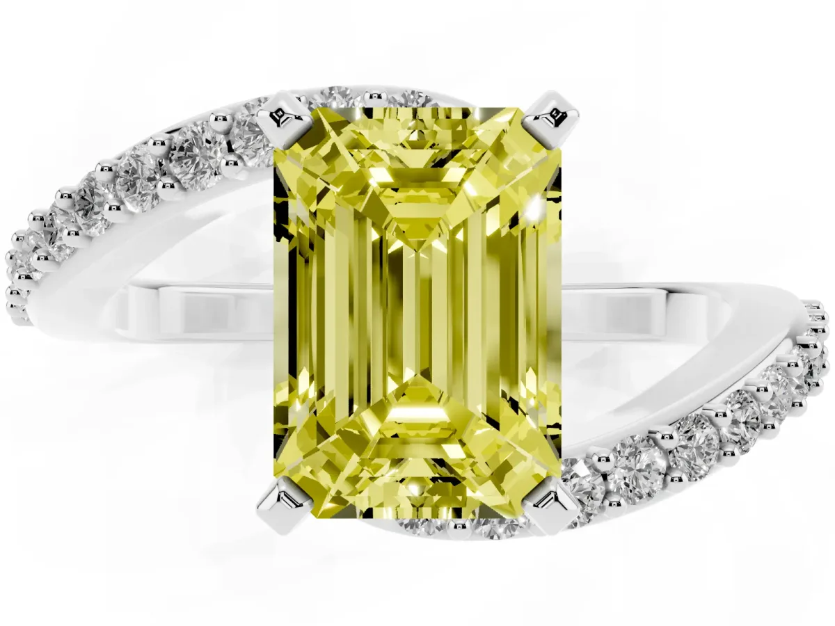 Fancy Yellow Emerald Cut Solitaire Twist Band with Pave Set Diamonds and Four-Prong Setting White gold