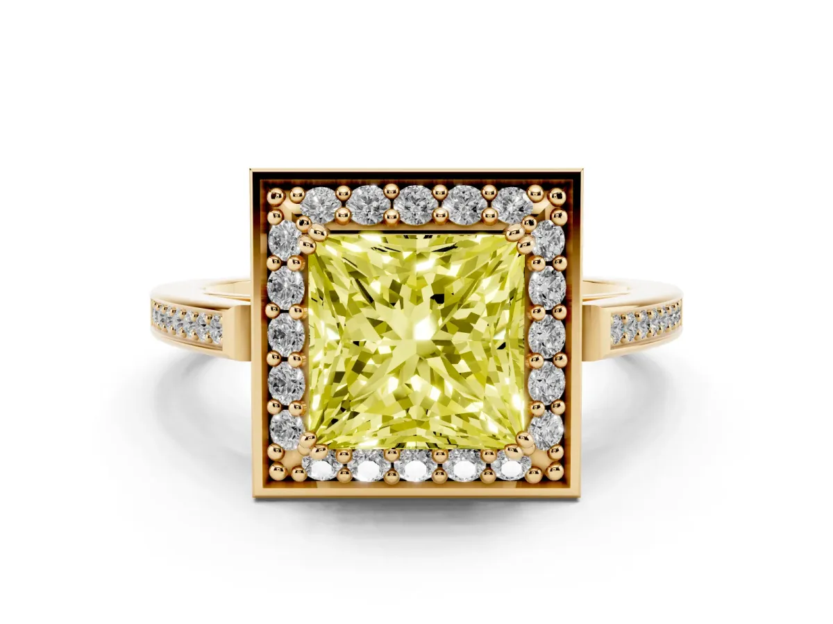 Fancy Yellow Princess Cut Diamond Halo Ring with Split Shank and Four-Prong Setting Yellow gold