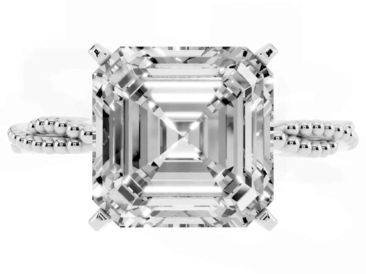 Asscher Cut Solitaire Twisted Band with Bead Prong Setting White gold