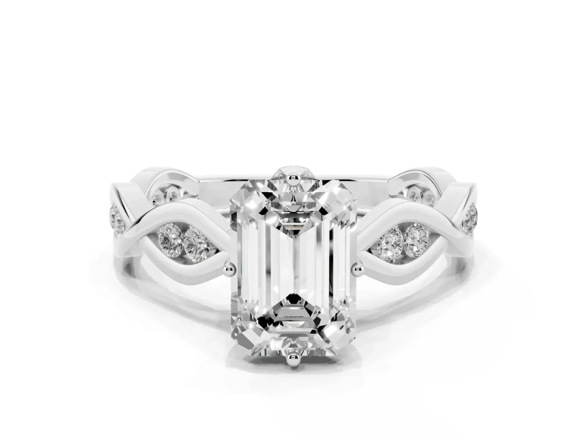 Emerald Cut Solitaire Twist Band with Leaf Prong Setting Silver