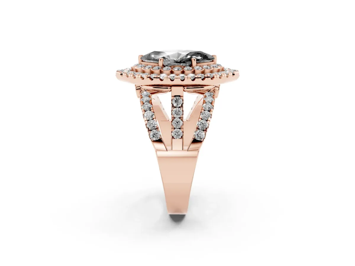 Fancy Black Marquise Cut Diamond Double Halo Ring with Round Pavé Split Shank and Prong Setting Rose gold