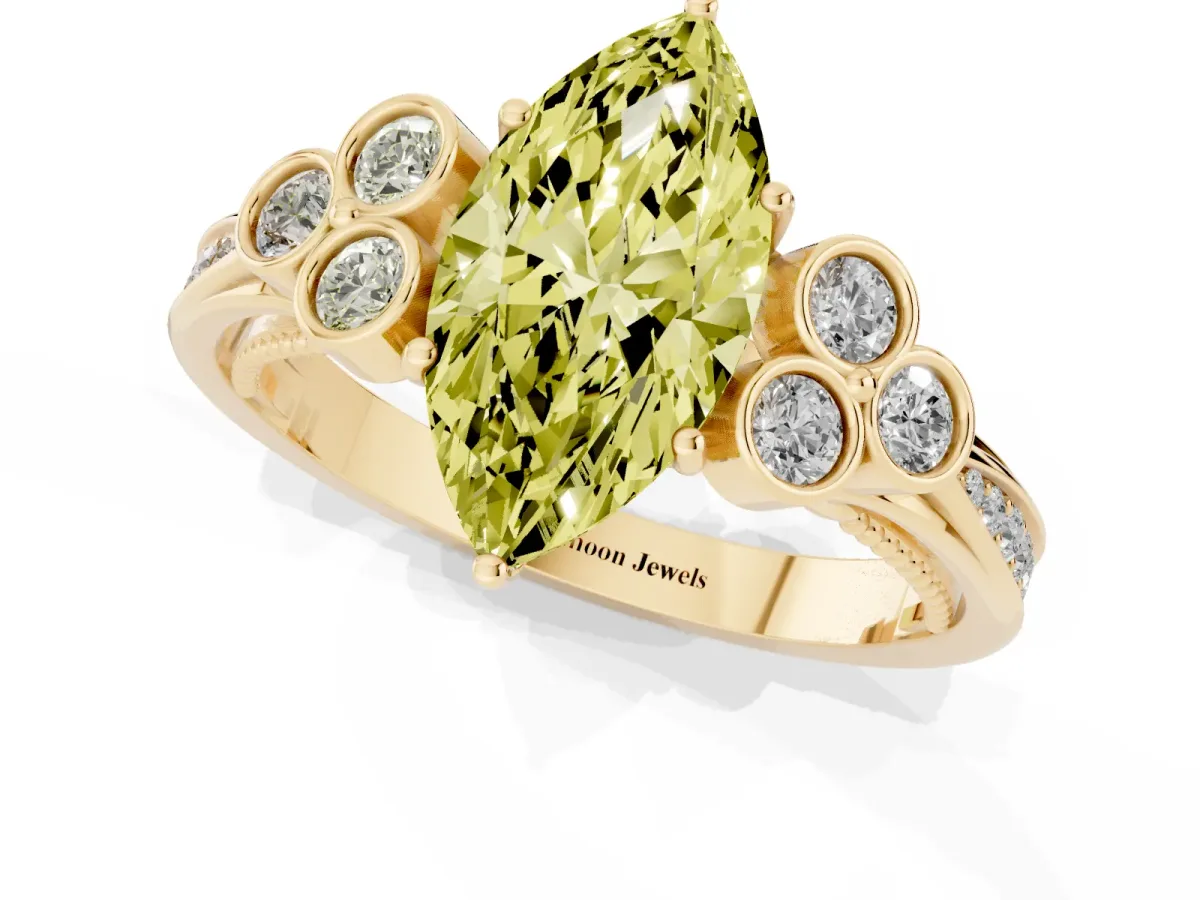 Fancy Yellow Marquise Cut Cut Diamond Engagement Ring with Bezel Set Round Side Stones and Prong Setting Yellow gold