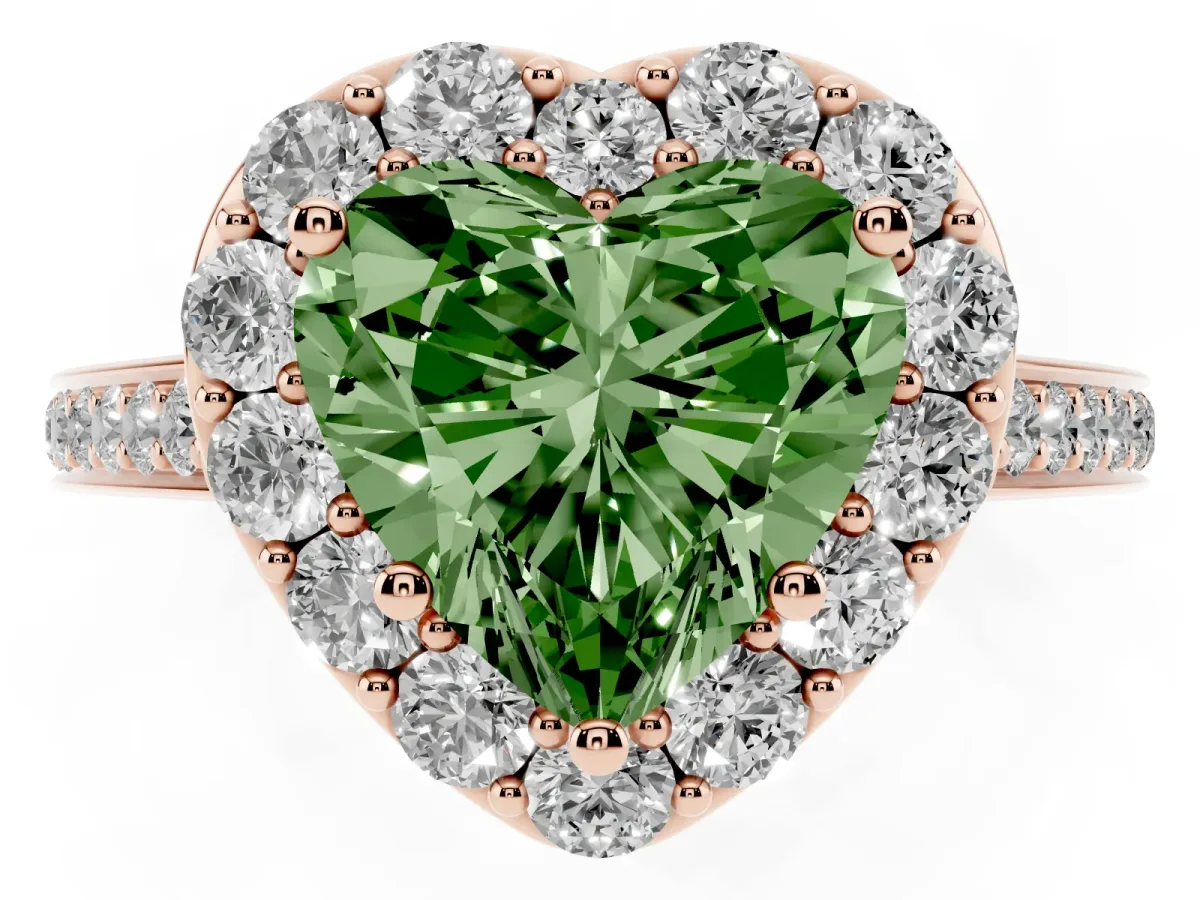 Fancy Green Heart Cut Diamond Floral Halo Ring with Pavé Band and Prong Setting Rose gold