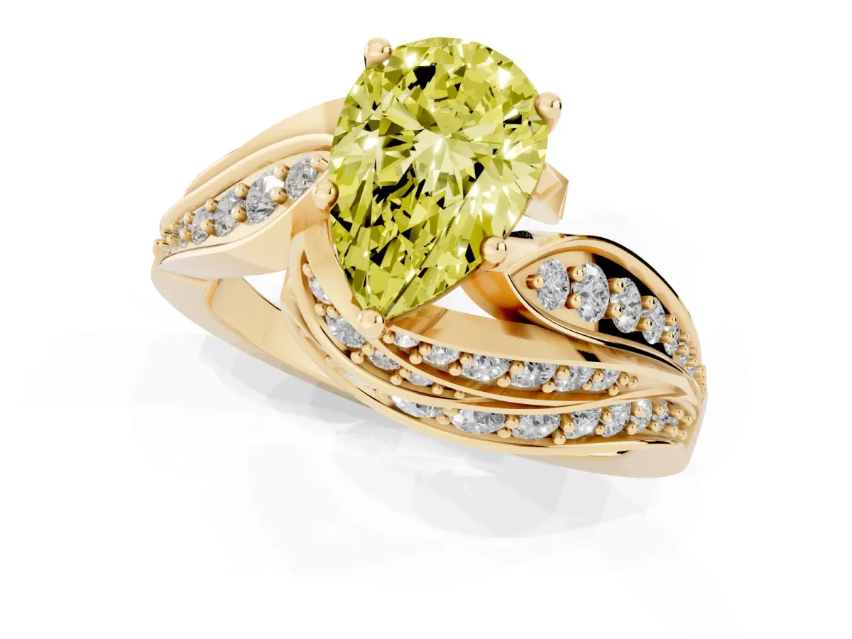 Fancy Yellow Pear Cut Diamond Solitaire Ring with Prong Setting and Twisted Pavé Band Yellow gold