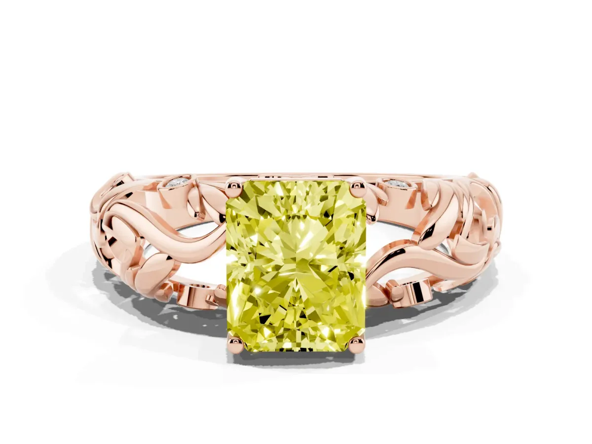 Fancy Yellow Radiant Cut Solitaire Diamond Leaf-Inspired Vine Band Ring with Prong Setting Rose gold
