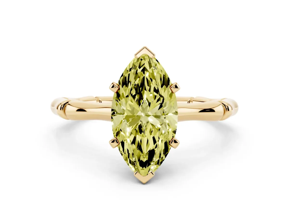 Fancy Yellow Marquise Cut Solitaire Diamond Ring with Bamboo Band and Four-Prong Setting Yellow gold