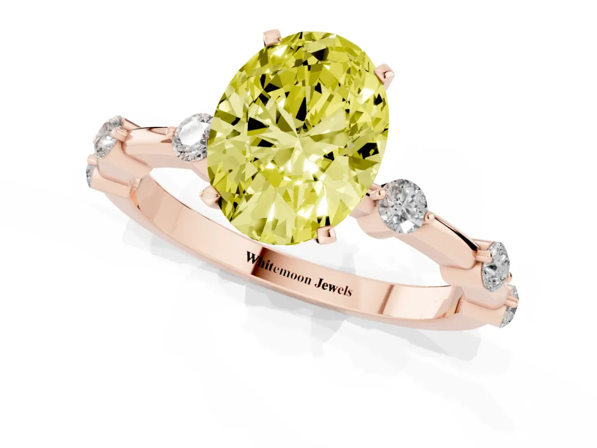 Fancy Yellow Oval Cut Solitaire Diamond Ring with Bezel Set Side Stones and Prong Setting Rose gold