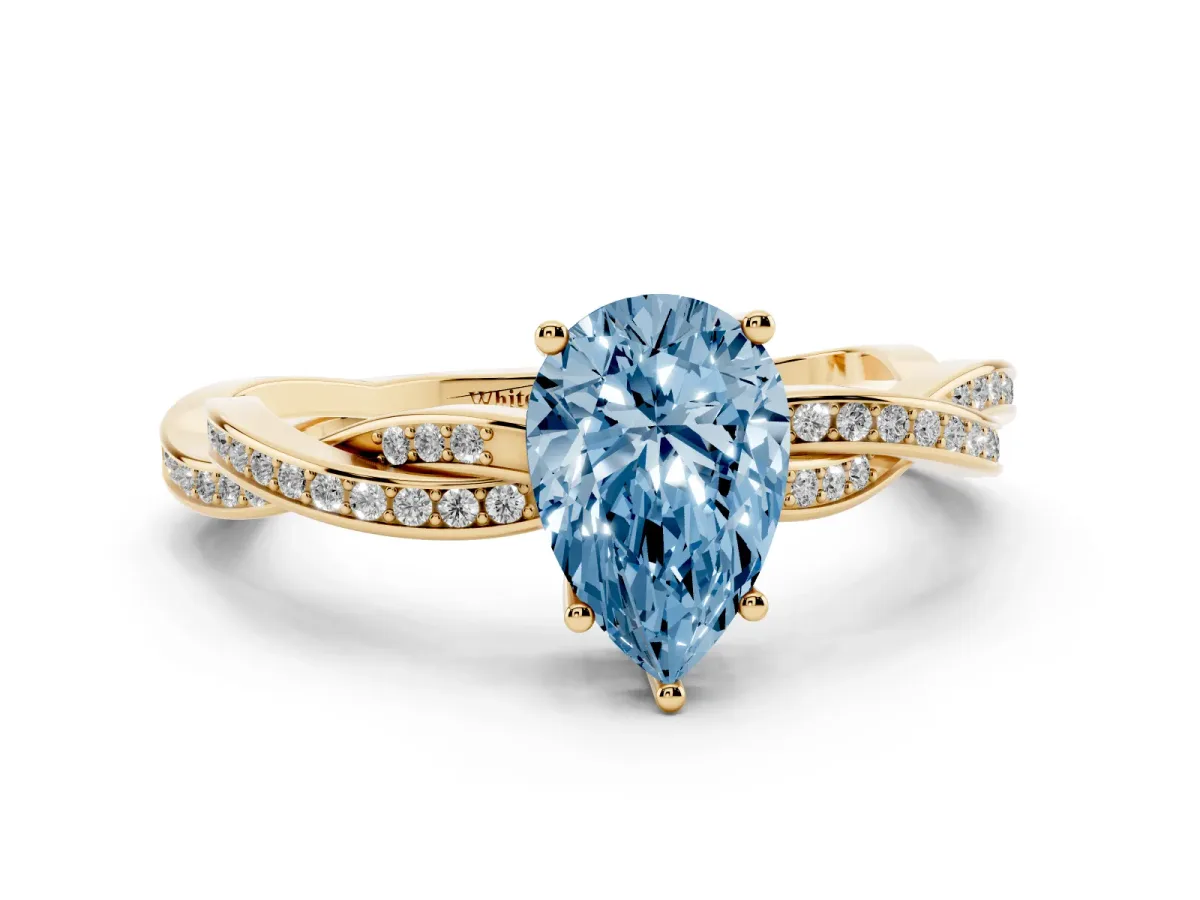 Fancy Blue Pear Cut Solitaire Twisted Pave Diamond Ring with Four-Prong Setting Yellow gold
