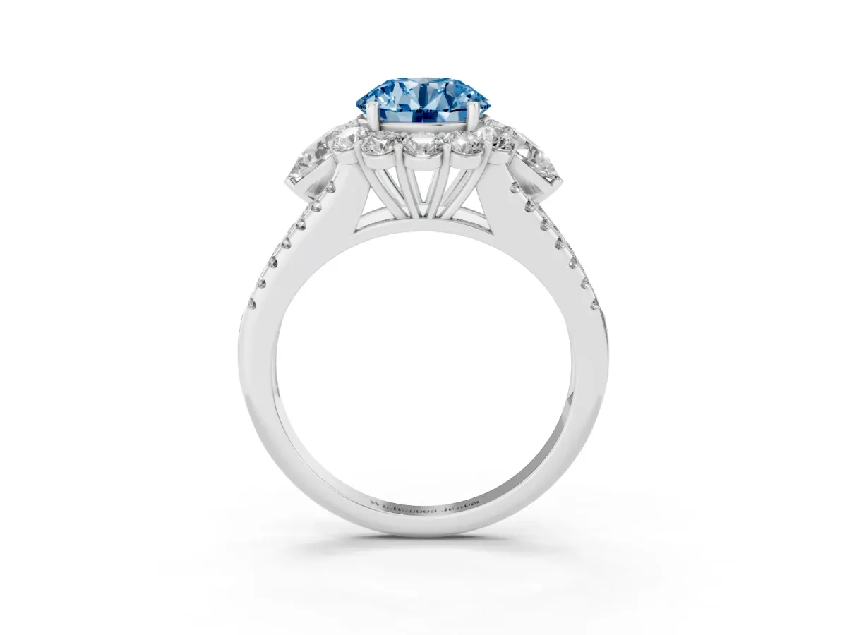 Fancy Blue Round Cut Halo Split Shank Diamond Engagement Ring with Prong Setting White gold