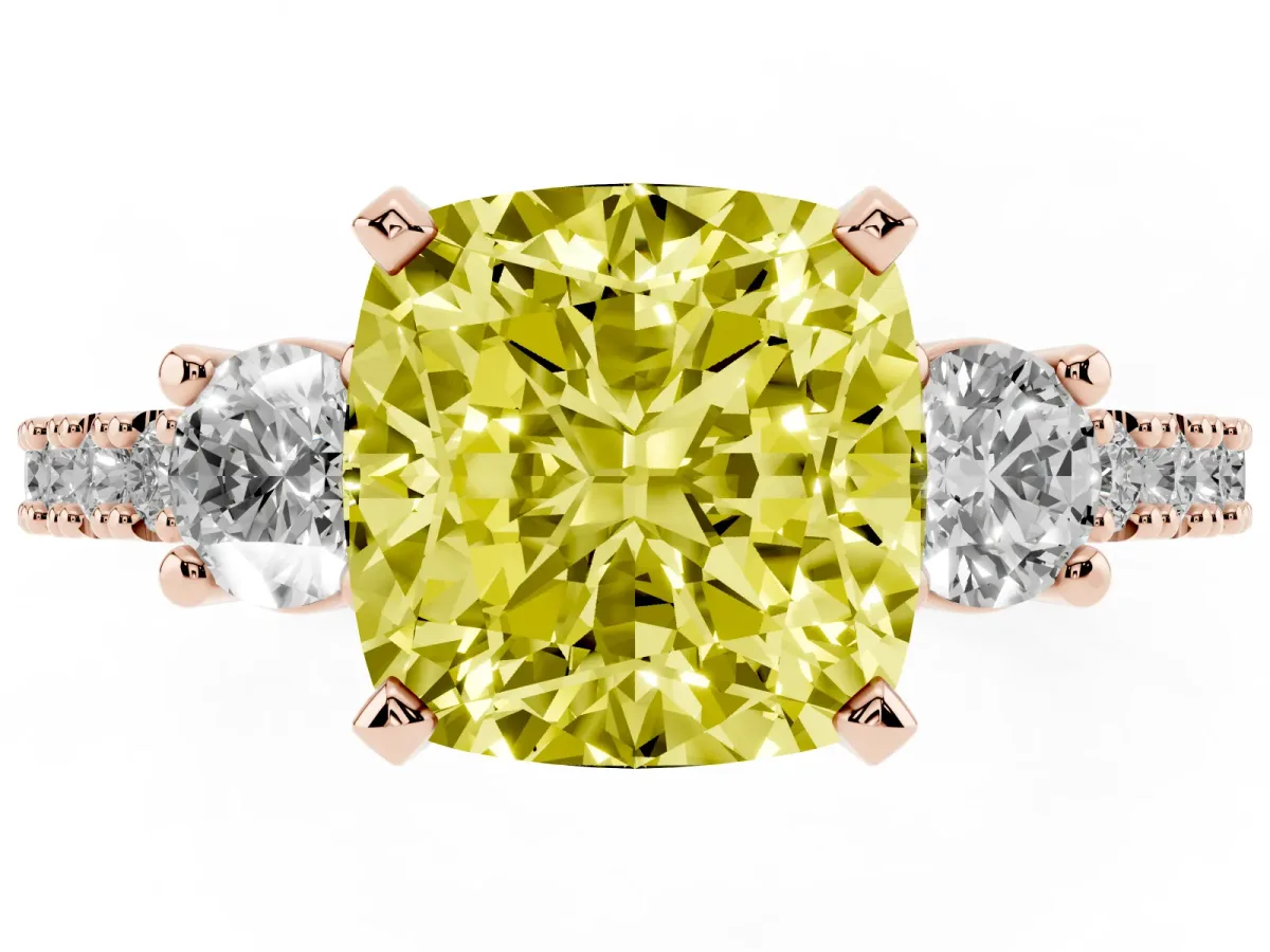 Fancy Yellow Cushion Cut Three-Stone Diamond Pavé Band with Prong Setting Rose gold