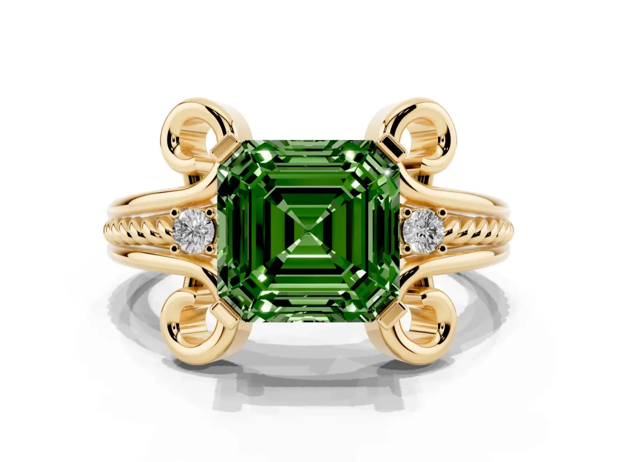 Fancy Green Asscher Cut Solitaire Twisted Band Scroll Prong Ring Yellow gold