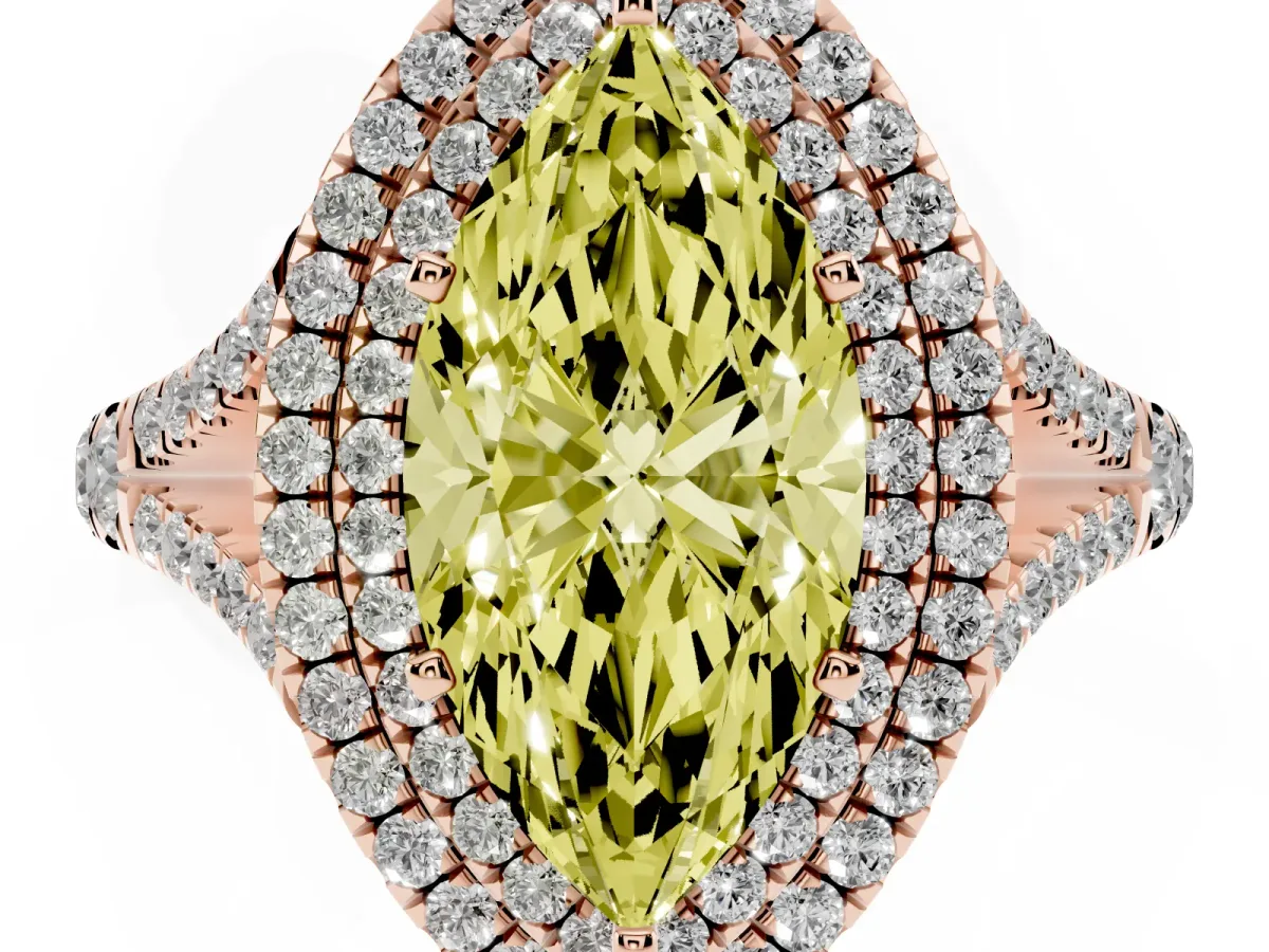 Fancy Yellow Double Halo Marquise Cut Diamond Split Shank Engagement Ring with Four-Prong Setting Rose gold