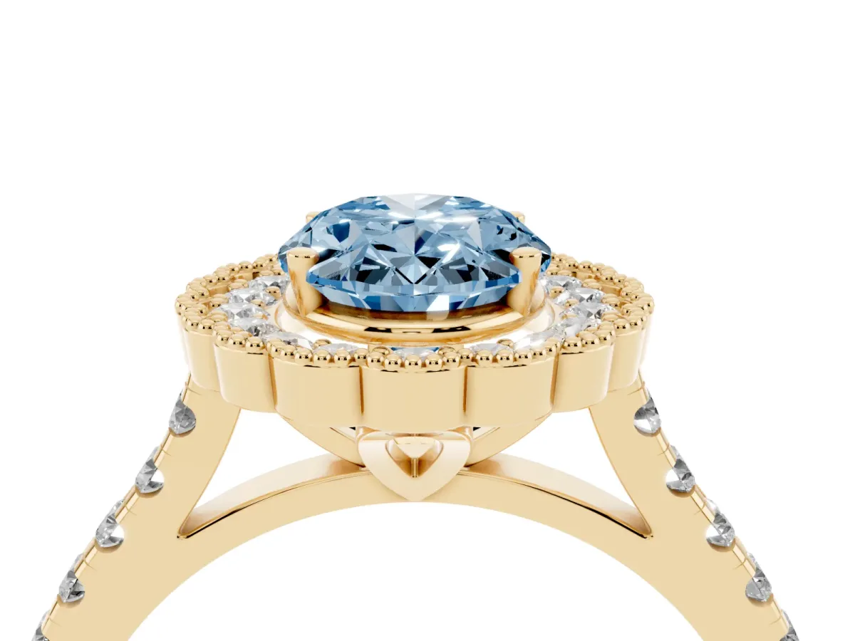 Fancy Blue Oval Cut Cut Diamond Milgrain Floral Halo Engagement Ring with Pavé Band Yellow gold