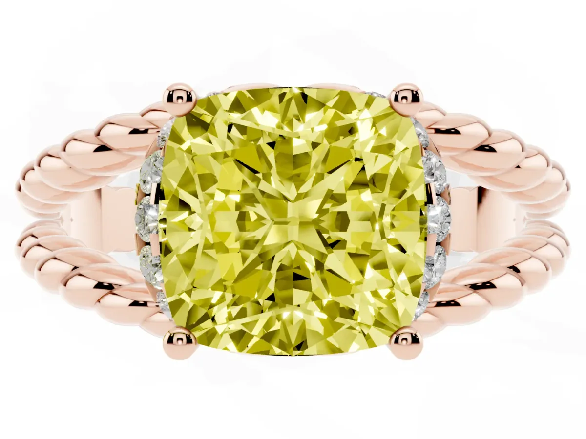 Fancy Yellow Cushion Cut Halo Twisted Band Four-Prong Ring Rose gold