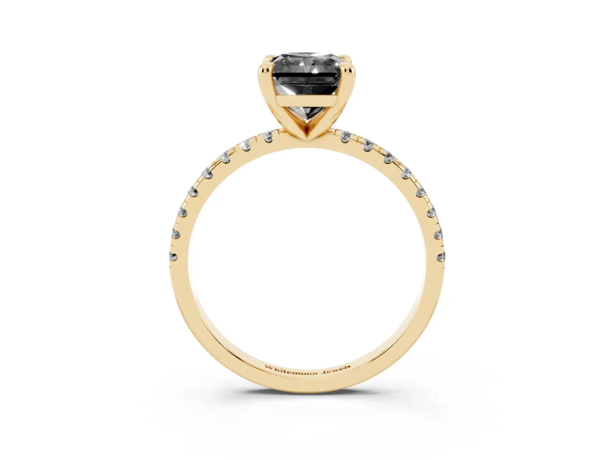 Fancy Black Radiant Cut Diamond Brilliant Solitaire Ring with Pavé Band and Four-Prong Setting Yellow gold