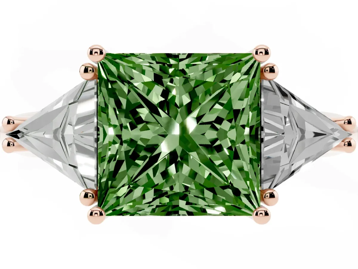 Fancy Green Three-Stone Princess Cut Diamond Engagement Ring with Trillion Side Stones and Prong Setting Rose gold