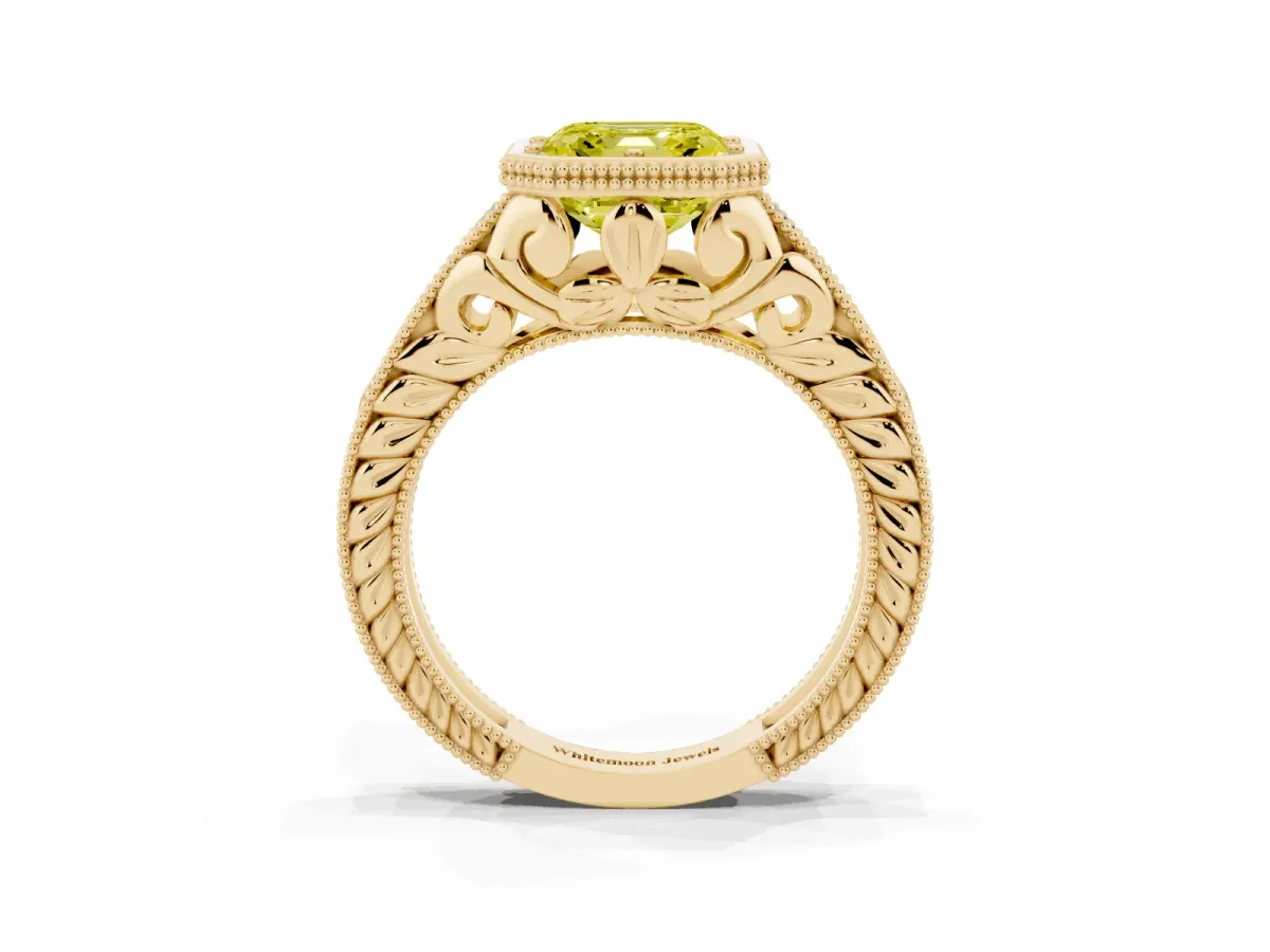 Fancy Yellow Bezel Set Asscher Cut Diamond Milgrain Pave Engagement Ring Yellow gold