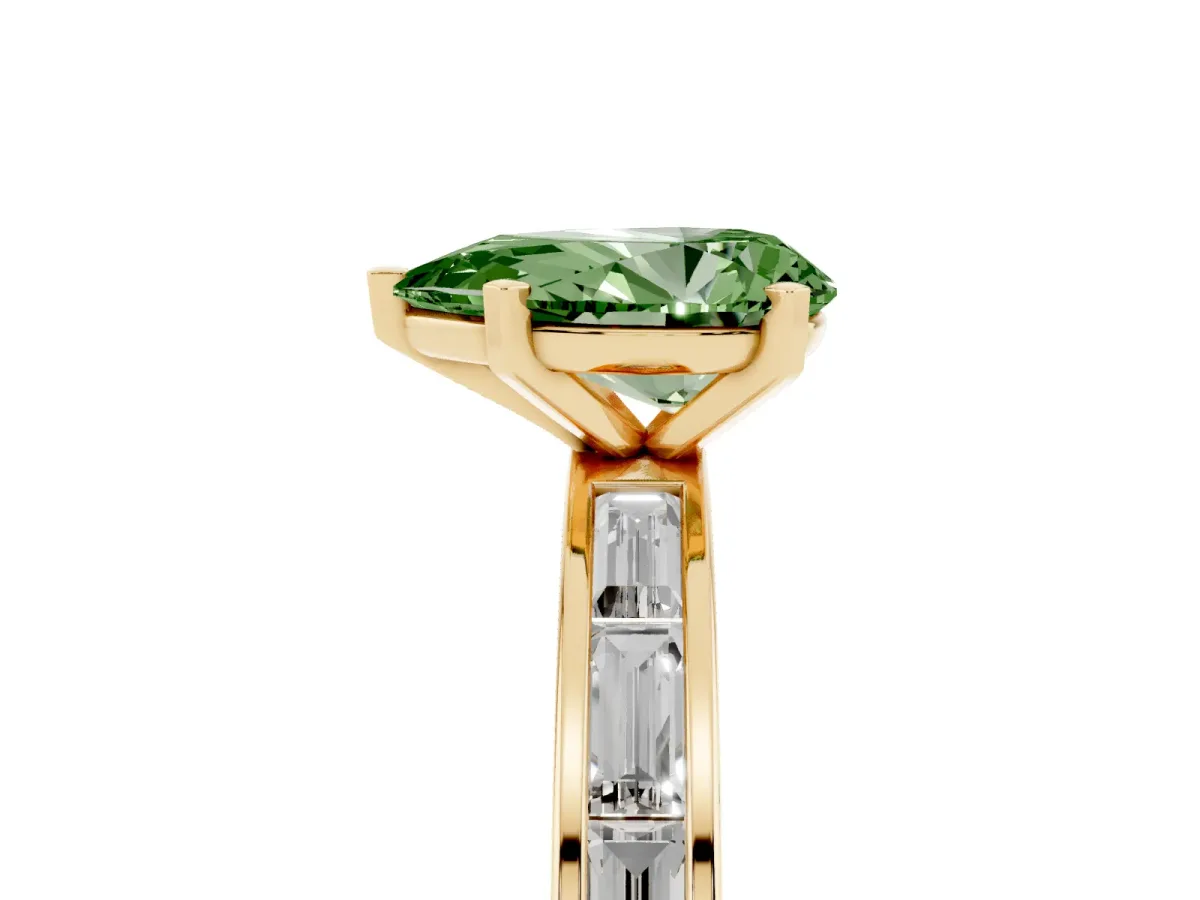 Fancy Green Pear Cut Solitaire Diamond Ring with Channel-Set Baguette Band and Four-Prong Setting Yellow gold