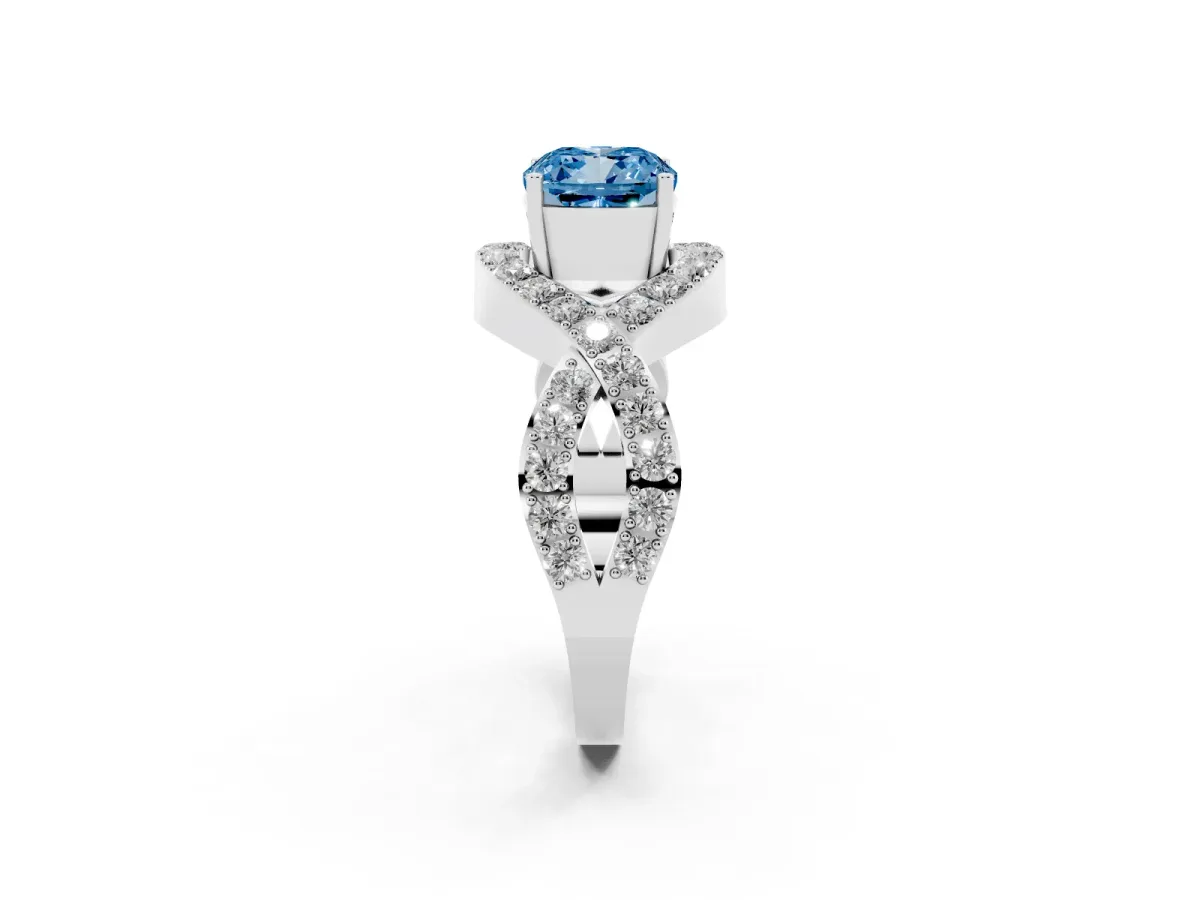 Fancy Blue Cushion Cut Solitaire Twist Band Pavé Diamond Engagement Ring White gold