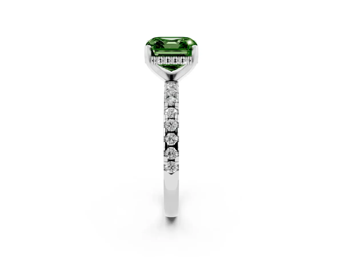 Fancy Green Asscher Cut Diamond Solitaire Ring with Round Pavé Band and Four-Prong Setting Silver