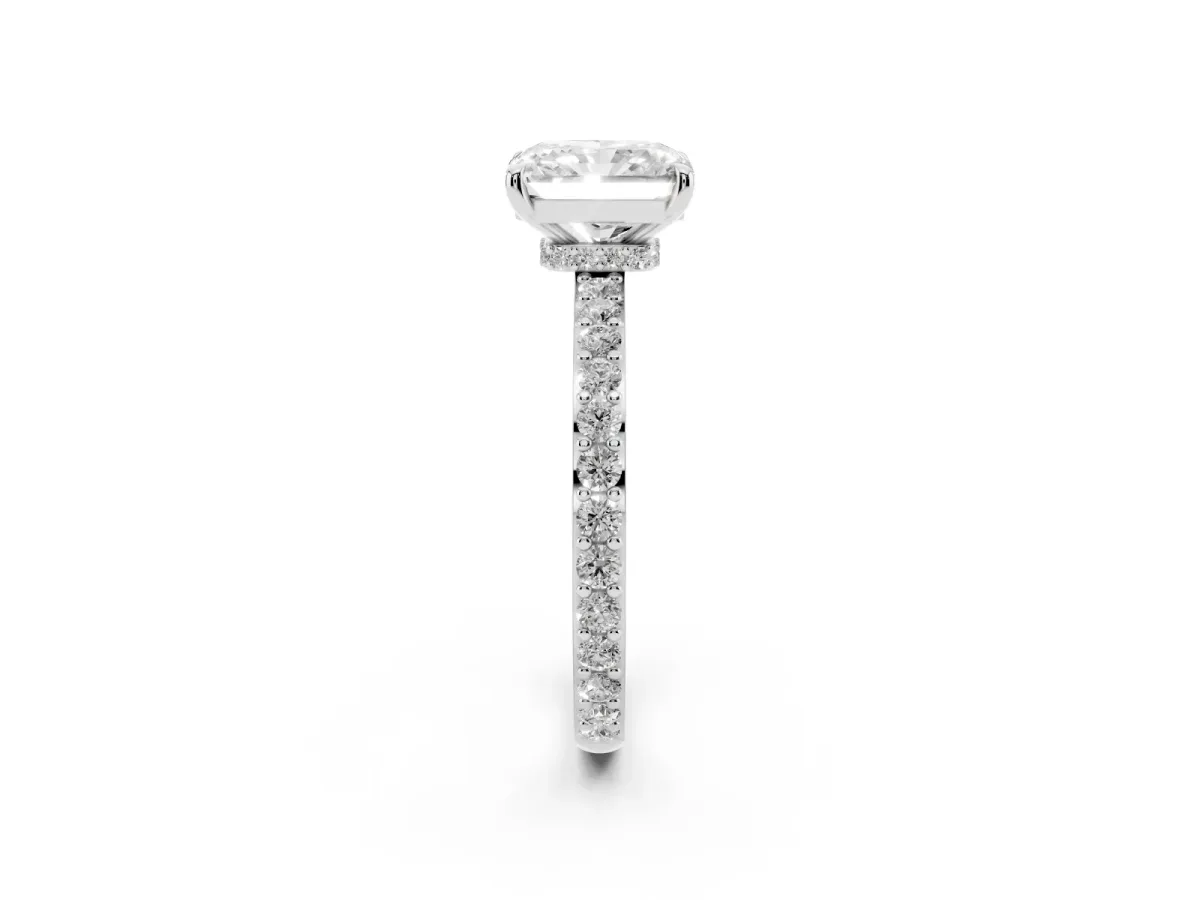 Radiant Cut Diamond Pavé Engagement Ring with Round Accents and Prong Setting Silver