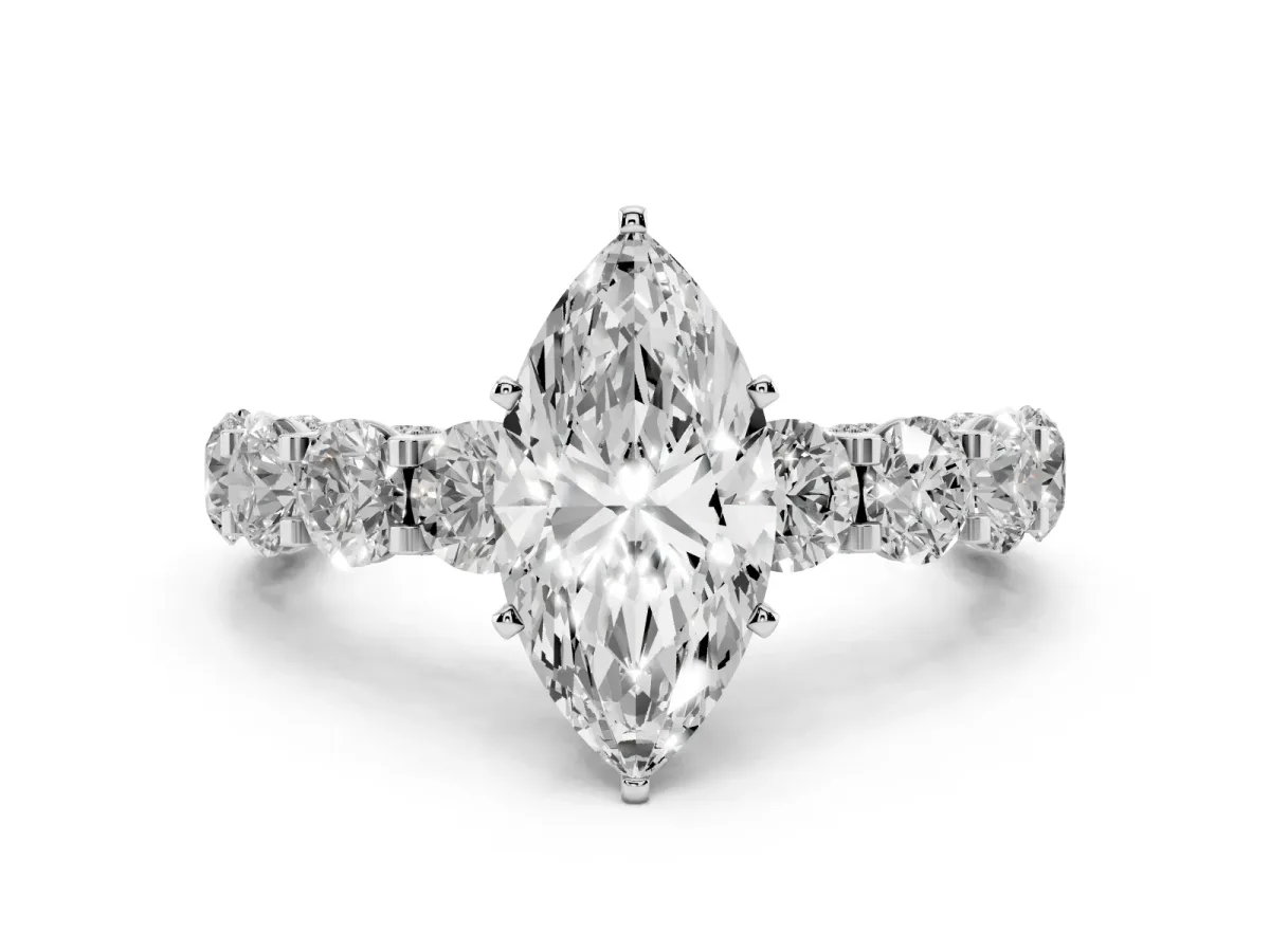 Marquise Cut Diamond Side Stone Engagement Ring with Four-Prong Setting White gold