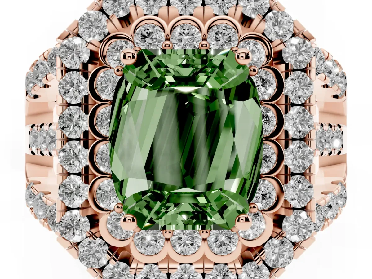 Fancy Green Emerald Cut Diamond Double Halo Ring with Round Pavé Split Shank and Prong Setting Rose gold