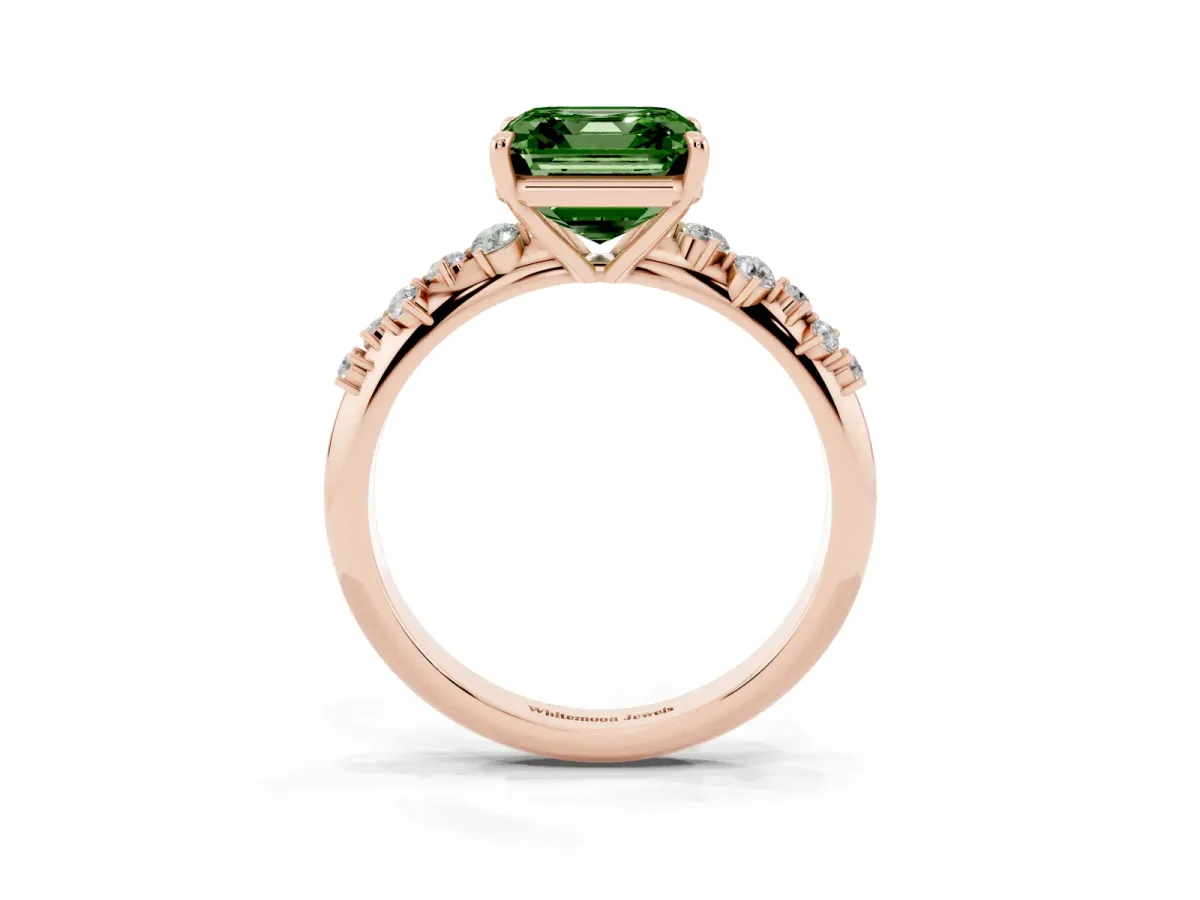 Fancy Green Asscher Cut Diamond Cluster Side Stone Solitaire Ring with Prong Setting Rose gold