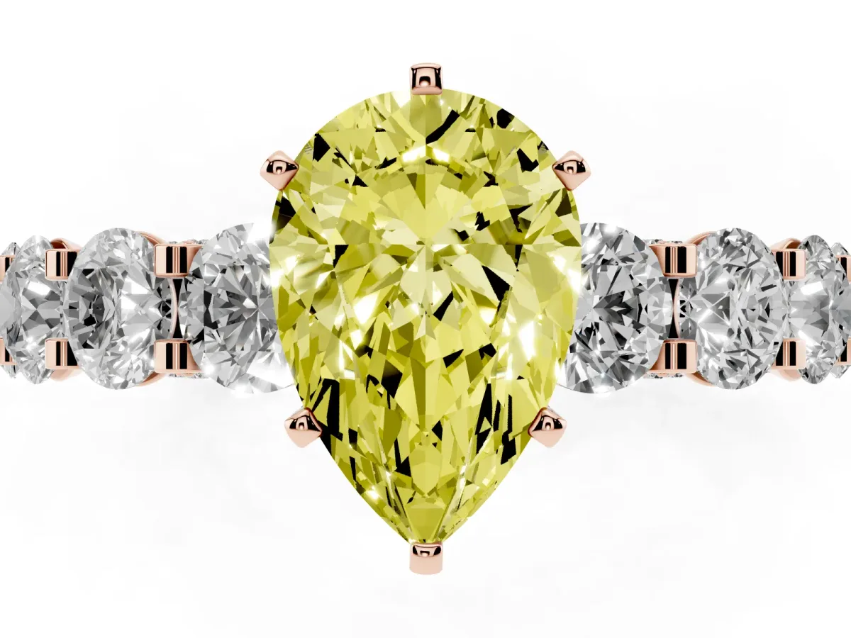 Fancy Yellow Pear Cut Diamond Side Stone Engagement Ring with Four-Prong Setting Rose gold