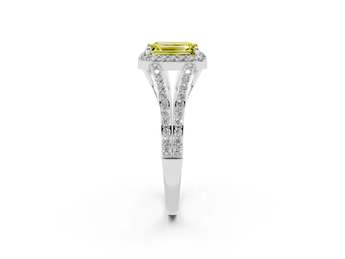 Fancy Yellow Emerald Cut Halo Split Shank Pave Diamond Ring with Four-Prong Setting Platinum